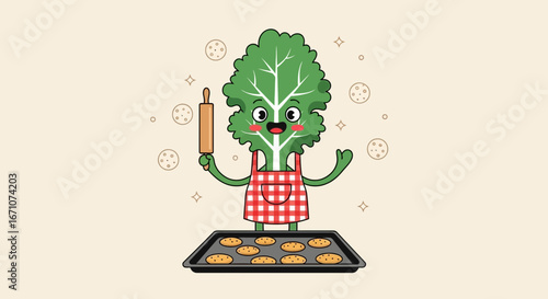 A Whimsical Leaf Character Baking Cookies, Cute Culinary Illustration Design