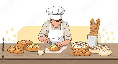 Artisan Baker Crafting Fresh Baked Goods on Wooden Table in Detailed Illustration