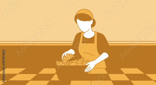 Artisan Baker Presenting Golden Croissants in a Basket for a Delightful Bakery Scene
