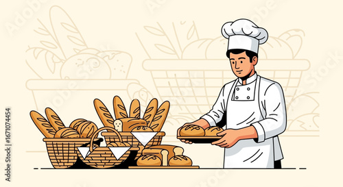 Artisan Baker Proudly Presenting Fresh Loaves Of Bread And Beautifully Baked Goods