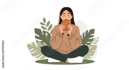 A Woman Relaxes While Enjoying Fresh Bread, Surrounded By Natural Foliage