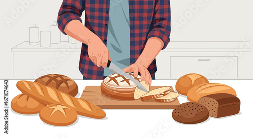 Artisan Cuts Fresh Loaf Of Bread With Knife Preparing For Breakfast In The Kitchen