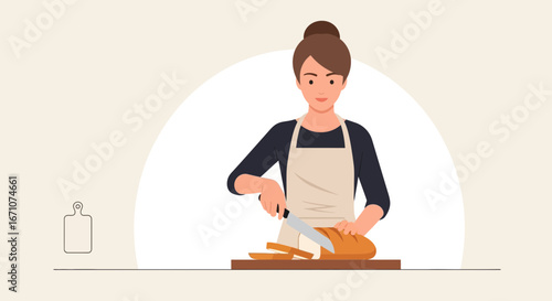 A Woman Slicing Fresh Bread on a Wooden Board in a Simple, Clean Illustration
