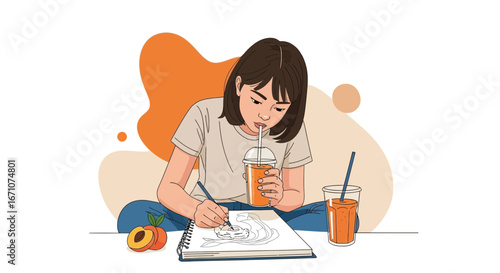 Artist Girl Relaxing, Creating Artwork, Sipping Beverage, And Enjoying a Peaceful Moment