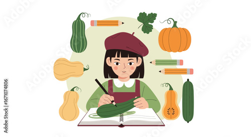 Artist Illustrating Vegetables In A Sketchbook Surrounded By Fresh Autumn Produce Illustration