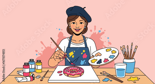 Artist Painting a Delicious Donut: A Creative and Appetizing Artwork Illustration