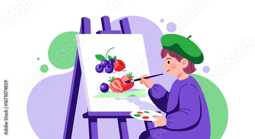 Artist Painting Berries on Canvas, Illustrated Fruits, Artistic Creation, Creative Painting,