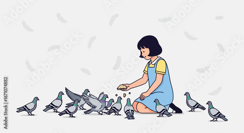 A Young Girl Feeding Pigeons Outdoors, A Moment Of Connection And Delight