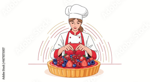 Artistic Chef Adorning A Freshly Baked Tart Adorned With Vibrant Assorted Berries