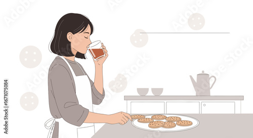A Young Woman Enjoys Fresh Baked Cookies And A Cup Of Tea In A Home Setting Situation