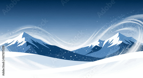 Abstract Winter Scene Featuring Snow-Capped Mountains and Flowing Snowy Terrain