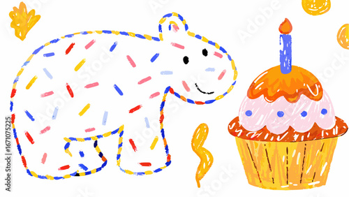 A whimsical polar bear outline with sprinkles and a cupcake with a lit candle illustration art
