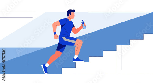 Active Man Ascending Stairs, Hydrating During Endurance Exercise For Physical Fitness