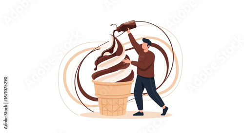 Artistic Illustration of a Person Adding Chocolate Sauce to a Swirled Ice Cream Cone