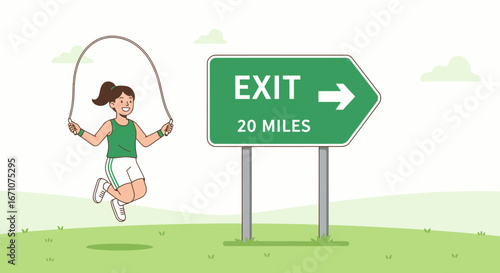 Active Woman Jumps Rope Near Sign Indicating Exit Twenty Miles Distance From Here