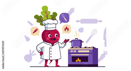 Adorable Beetroot Chef Cooking Delightful Dishes in a Cartoon Kitchen Setting
