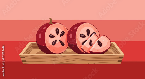 Artistic Illustration Of Sliced Fruit In A Decorative Wooden Tray On A Red Background