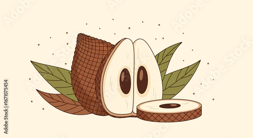 Artistic Illustration Of Soursop Showing the Fruit's Outer Texture and Internal Components