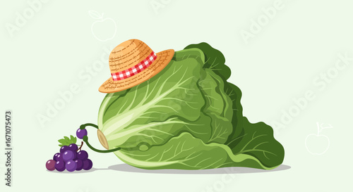 Adorable Cabbage Character Wearing a Hat Holding Fresh Grapes in a Playful Scene