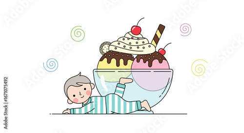 Adorable Boy's Daydream With Giant Sundae And Artistic Swirl Decorations, Illustration.