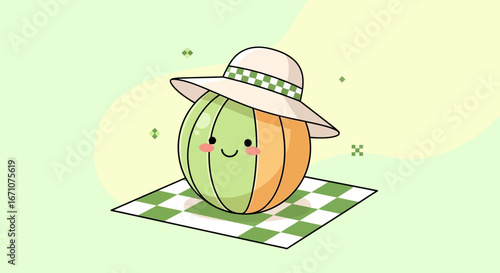 Adorable Cartoon Watermelon Wearing a Sun Hat, Resting on a Checkered Picnic Blanket