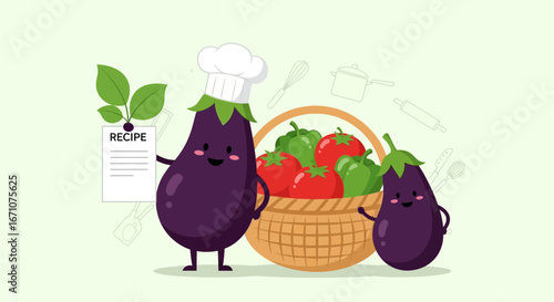 Adorable Chef Eggplant Holding Recipe and Next To Basket Of Fresh Garden Vegetables