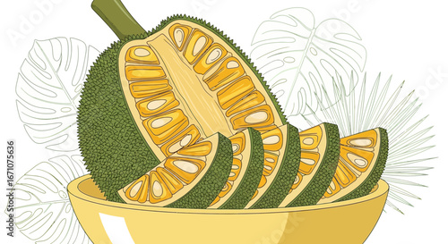Artistic Rendering Of Jackfruit Slices In Bowl With Tropical Leaf Elements And Green Tones