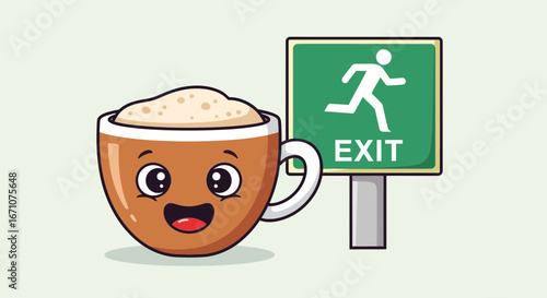Adorable Coffee Cup Running to the Exit Sign Depicting Joyful Beverage Escape