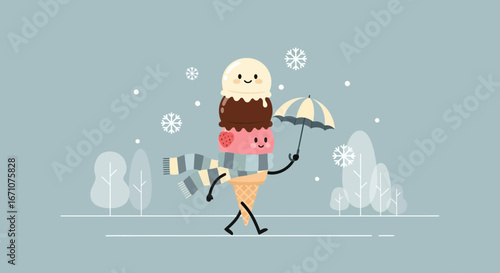 Adorable Ice Cream Character Strolls Amidst Winter Flurries With Umbrella and Scarf