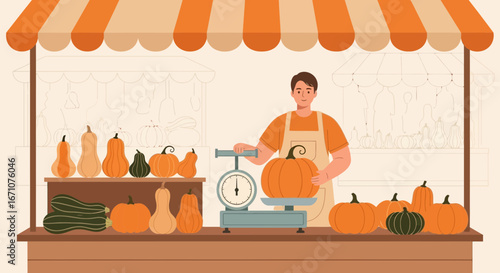 Autumn Harvest Scene: A Pumpkin Vendor At His Stall Weighing A Gourgeous Pumpkin