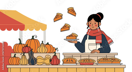 Autumn Market Scene Featuring Pumpkins, Pies, and a Vendor Selling Fresh Baked Goods