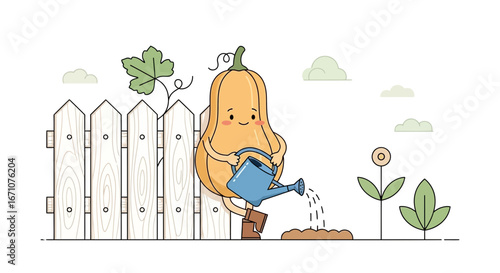 Adorable Pumpkin Character Gardening with Watering Can Near Picket Fence and Plants Outside