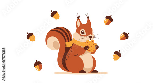 Adorable Squirrel Joyfully Eating Biscuit Surrounded by Acorns on Isolated White Background