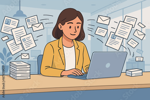 Flat vector illustration of businesswoman working on laptop surrounded by flying documents and emails at office desk. Concept of multi
