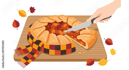 Autumnal Pie Slice Being Cut Apart On A Wooden Board With Decorative Leaves And Scarf