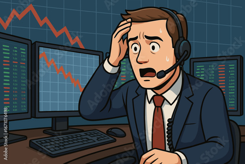 Cartoon illustration of stressed stockbroker panicking in front of computer monitors with falling financial charts. Concept of stock market crash, financial crisis and trading risk
