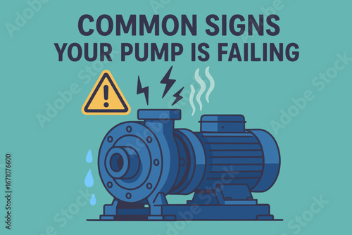 Flat vector illustration of industrial pump with warning signs such as leaks, overheating and vibration. Concept of equipment failure, maintenance and mechanical issues
