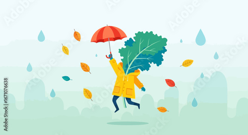 Autumn's Embrace: A Cheerful Figure Shelters From Rain With Umbrella and Kale Leaf