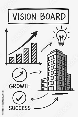 Hand-drawn illustration of vision board with growth chart, light bulb, office building and success icons. Concept of business planning, innovation and achievement
