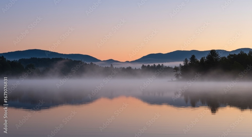 Fototapeta premium Tranquil Morning Mist Over Mountain Lake