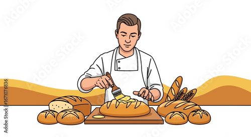 Baker Brushing Butter on Freshly Baked Bread for Breakfast or for Sale in Bakery