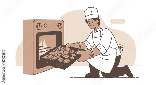 Baker Carefully Removing Tray Of Freshly Baked Cookies From The Warm Oven's Interior
