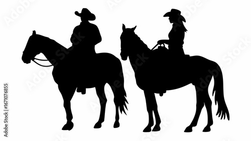 Silhouette of two cowboys riding horses in a western setting with a white background and black figures