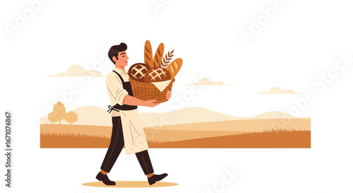 Baker Carries Basket with Freshly Baked Breads on a Sunny Landscape Background