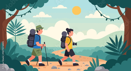 Adventurous Souls Exploring Scenic Trails Under Sunny Skies with Backpacks and Camera Equipment