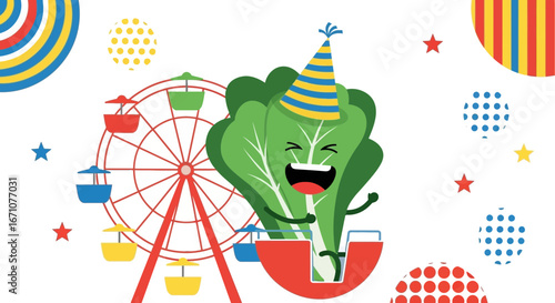 Amusement Park Celebration With A Funny Animated Lettuce Character And Ferris Wheel