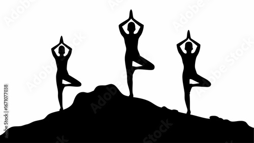 Three silhouettes performing yoga tree pose on a dark hill against a bright white background landscape view