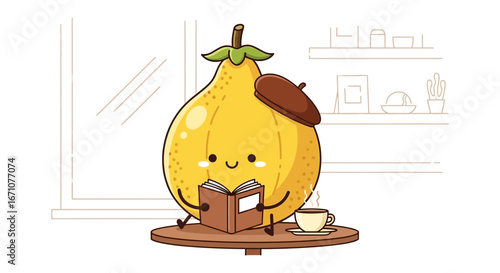 An Adorable Cartoon Pear Person Enjoys Coffee And A Book In A Cozy Setting