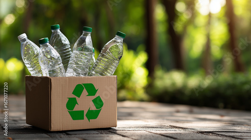Cardboard Box with Plastic Bottles for Recycling in a Natural Setting