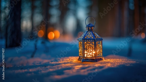 Lantern Illuminates Snowy Landscape at Twilight, Creating a Serene Atmosphere in the Forest